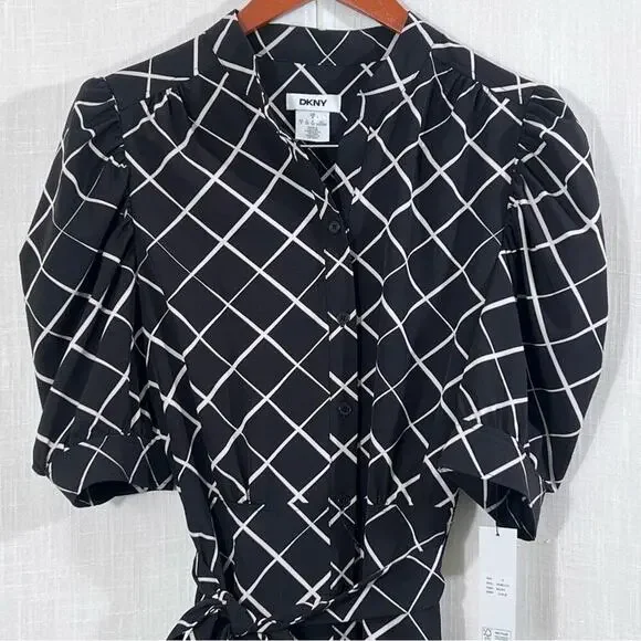 DKNY NWT Button Front Puff Sleeve Belted Midi Dress Size 8 - Picture 5 of 16